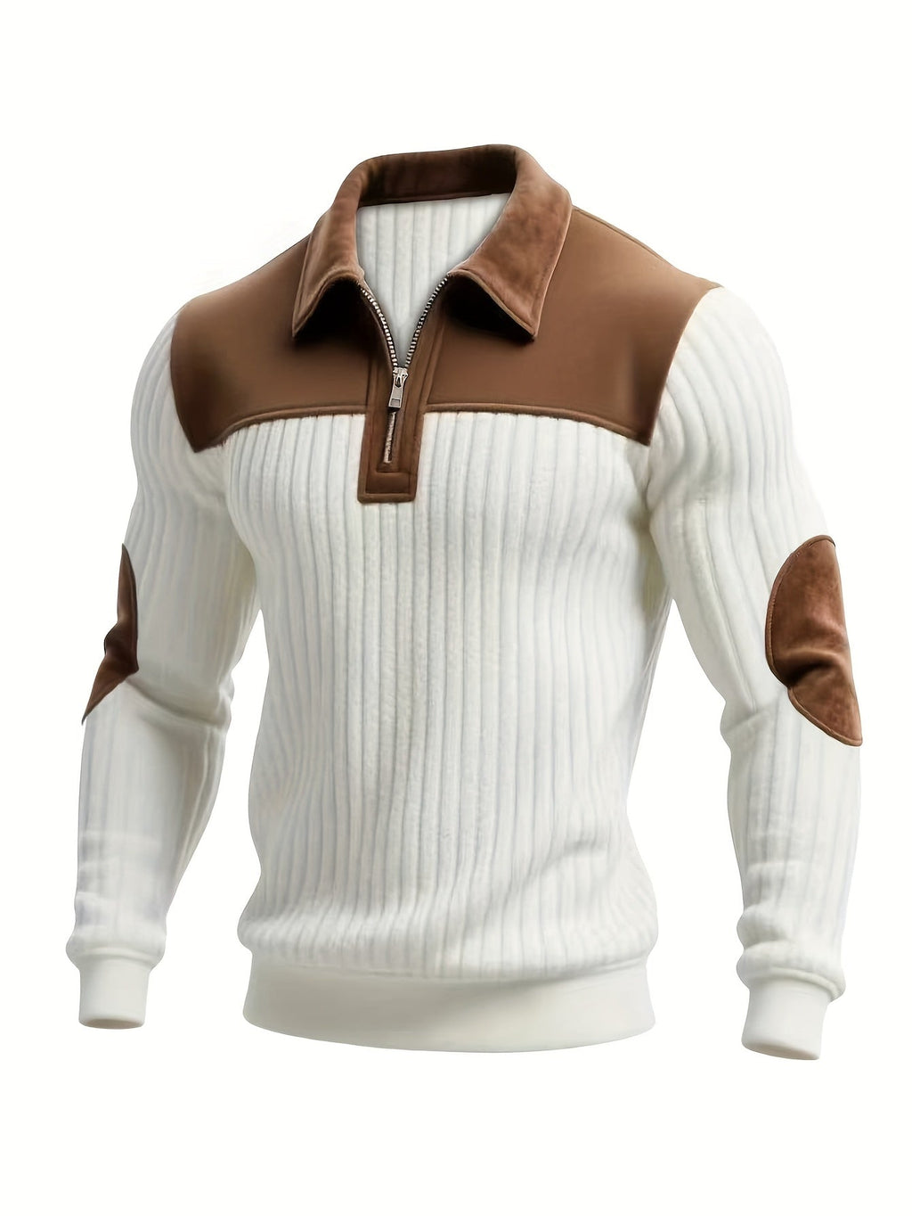 Men's Color-Block Ribbed Stand Collar Pullover - Zipper Detail, Thick & Warm, Long Sleeve - Casual, Daily & Commute - S–XXL - White, Black, Off-White & Olive