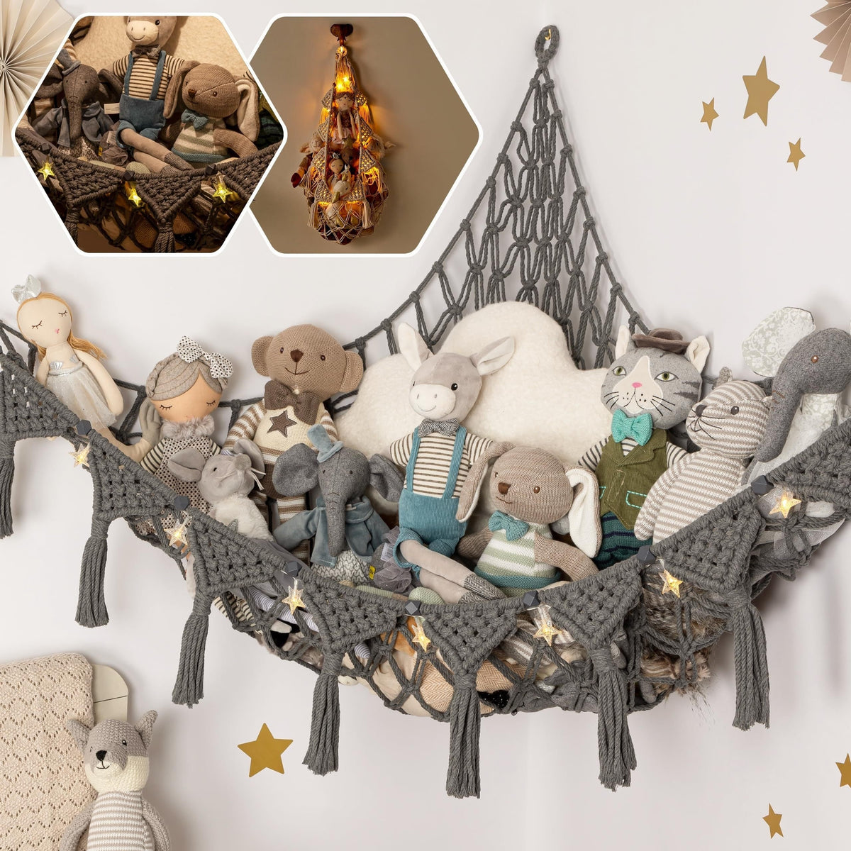 Macrame Stuffed Animal Storage Net Hammock Extra Large, Boho Plush Toy Organizer Holder for Kids Room Nursery Wall Decor, Fits Small & Large Stuffed Animals, Dreamcatcher Style