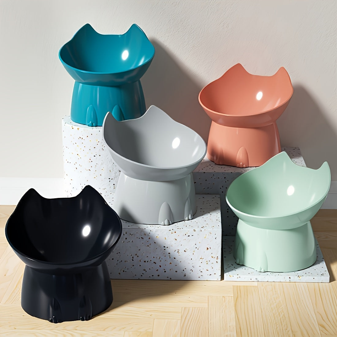 Cat Ear Elevated Cat Food Bowl Anti-Tip Design - Cute Raised Plastic PP Cat Dish for Comfortable Feeding, Playful Cat-Ear Shaped Pet Bowl for Indoor Cats