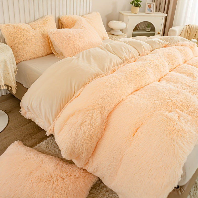 Plush Duvet Cover Set 3 Piece, Long Hair Knitted Polyester, Solid Color Fuzzy Comforter Cover with Zipper Closure, All-Season Soft Cozy Bedding Set for Bedroom, Multiple Colors Available