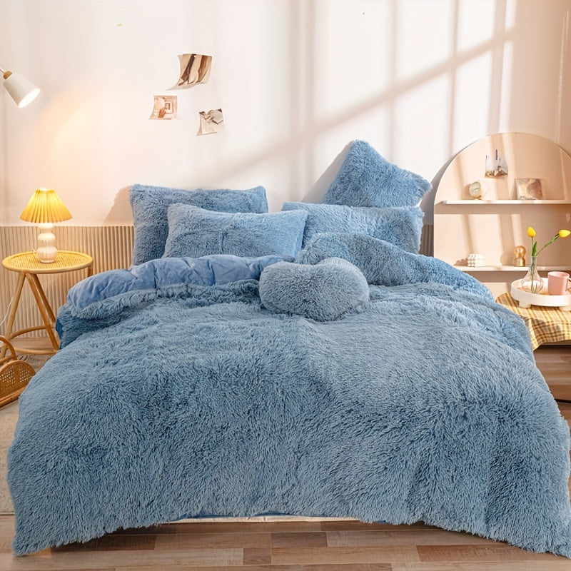 Plush Duvet Cover Set 3 Piece, Long Hair Knitted Polyester, Solid Color Fuzzy Comforter Cover with Zipper Closure, All-Season Soft Cozy Bedding Set for Bedroom, Multiple Colors Available