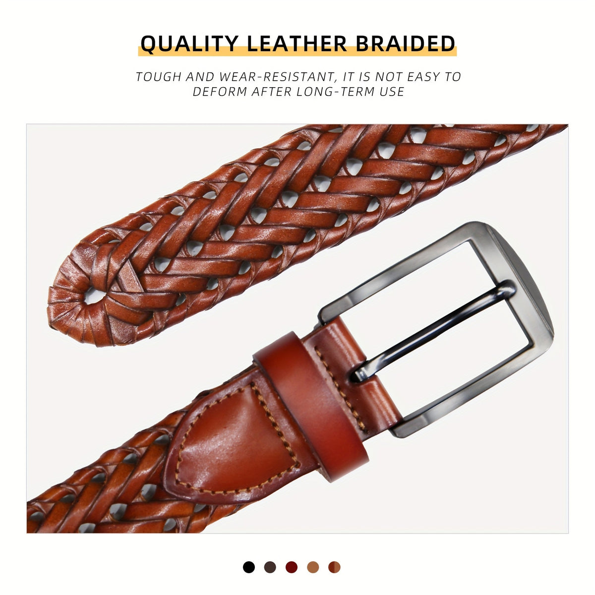Men's Leather Braided Belt 2-Pack - Casual Dress Belt for Golf Pants, Jeans, and Everyday Wear, Zinc Alloy Buckle, Multiple Colors, Sizes 34-50