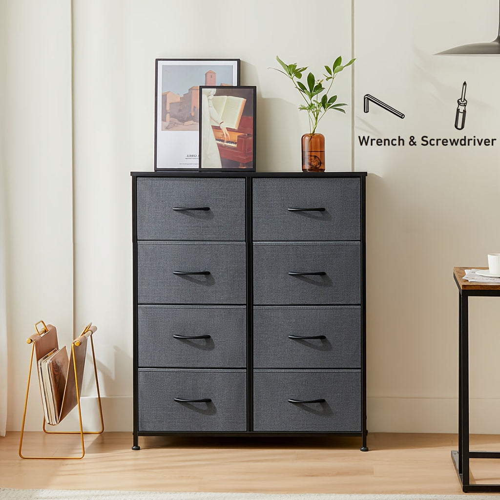 8-Drawer Dresser & Chest of Drawers - Fabric Storage Tower with Wood Top & Thickened Frame for Bedroom, Living Room & Hallway - Rustic, Black & White