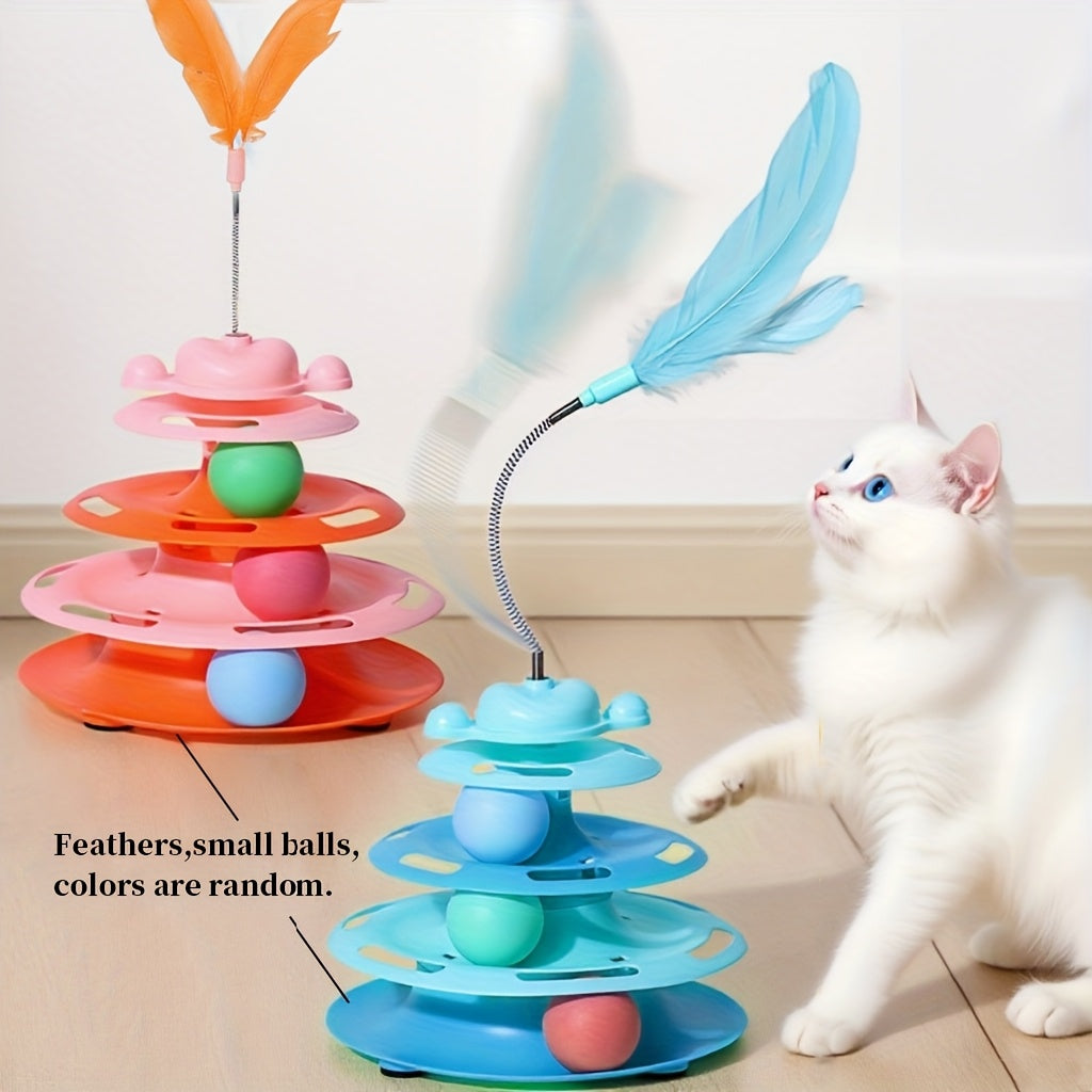 Feather Cat Carousel Toy with Rotating Rolling Ball - Interactive Spinning Turntable Teasing Toy for Indoor Cats, Self-Entertainment Boredom Buster Cat Gift, No Battery Required, Available in Light Green, Blue, and Pink