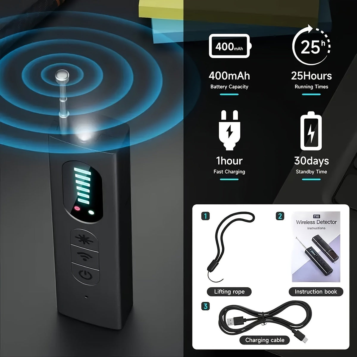 Hidden Camera Detector Anti-Spy RF Signal Scanner – Bug Detector, GPS Tracker & Listening Device Finder, Portable Rechargeable Multi-Function Security Sweeper for Travel, Hotel, Home, Office, Car