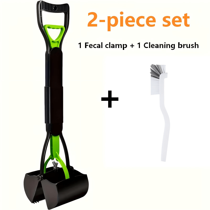 Portable Foldable Dog Poop Scooper with Cleaning Brush - Strong Serrated Clamp Waste Grabber for Yards, Lawns & Gravel, No-Dead-Angle Pet Waste Pickup Tool, High-Strength Durable Design