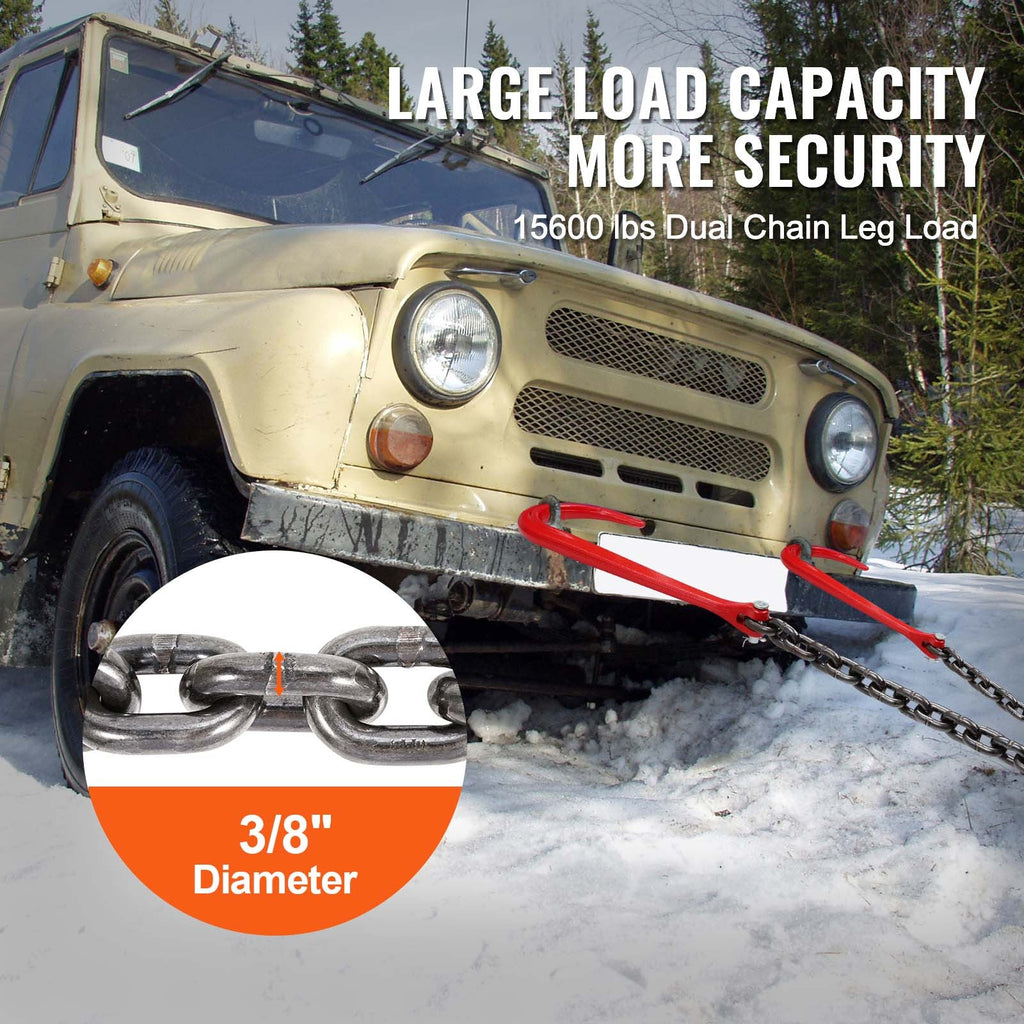 G80 V-Chain Bridle Tow Chain 3/8" x 3ft, 15600 lbs Capacity, Galvanized J Hook & Grab Hook, Grade 80 Heavy-Duty Wrecker Chain for Towing Recovery Vehicle Transport