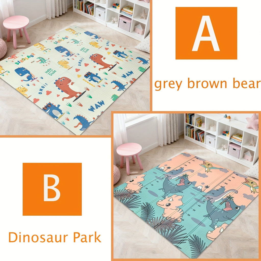 Baby Crawling Mat, Non-Slip Stain-Resistant & Easy-Clean Educational Floor Mat, Foldable & Portable Play Mat for Living Room, Grey-Brown Bear & Dinosaur Paradise Design, 78.74"x70.87"