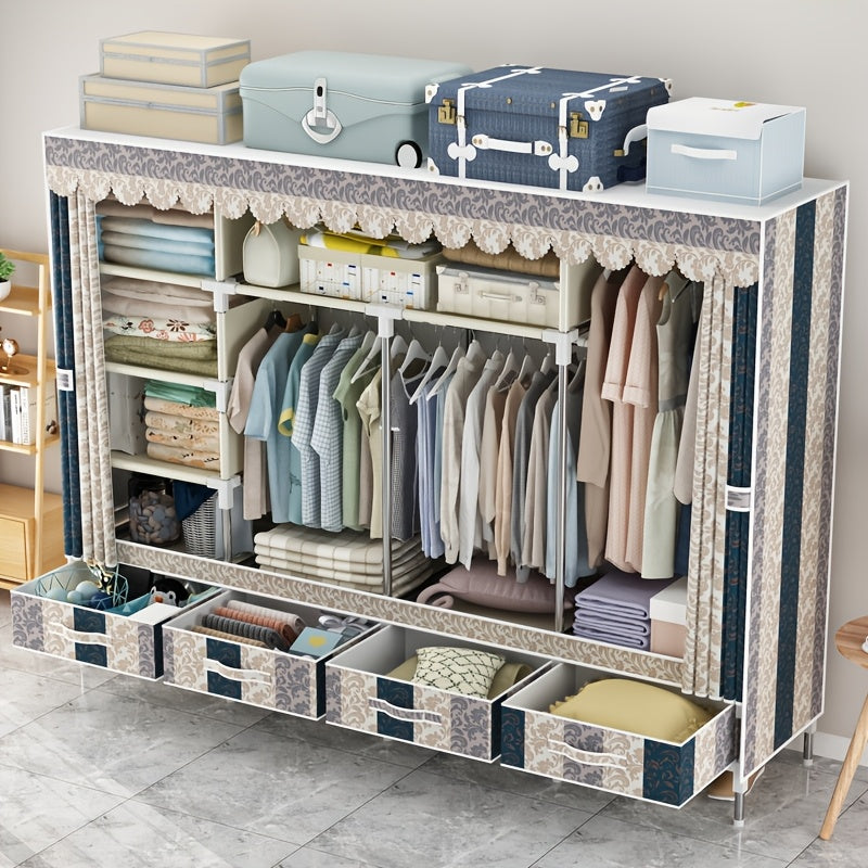 AOSENKO Fabric Wardrobe Closet - Full Steel Frame, 4 Reinforced Hanging Rods, Drawers Included, Easy Assembly - Rental, Dorm & Study Storage - Multiple Sizes & Patterns