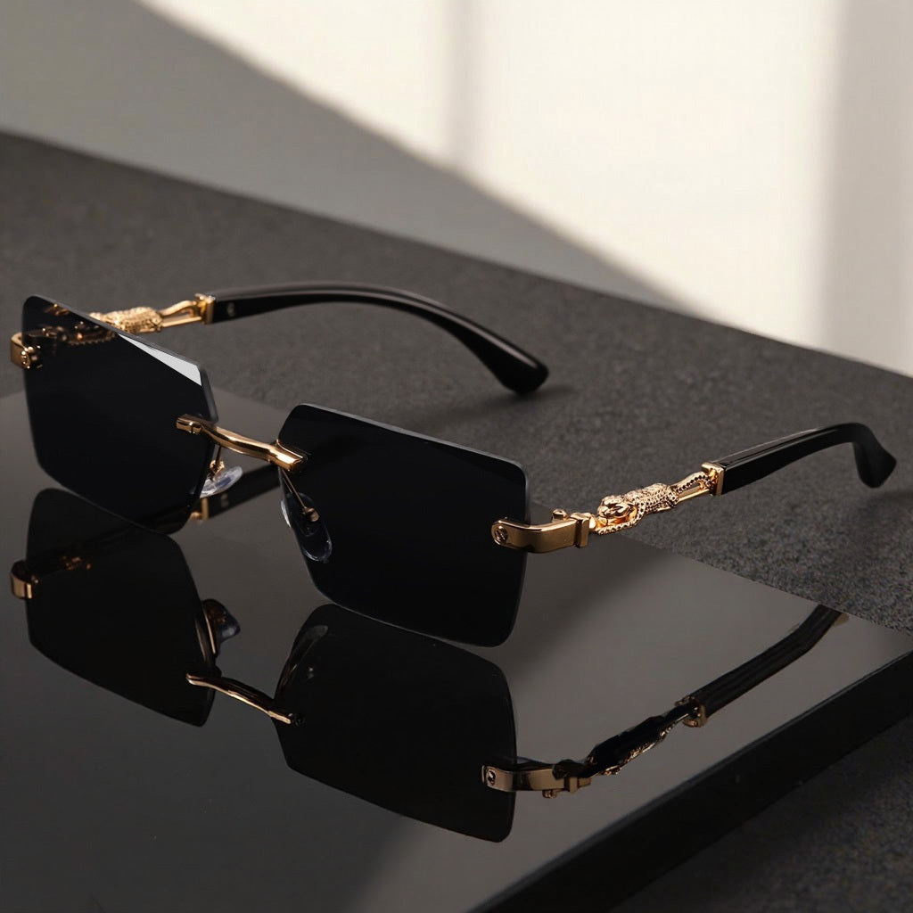 Unisex Luxury Frameless Sunglasses with Leopard Print Temples - UV400 Narrow Rectangular Lens Black & Gold Fashion Eyewear for Men & Women, Includes Protective Case & Cleaning Cloth for Driving, Travel & Parties