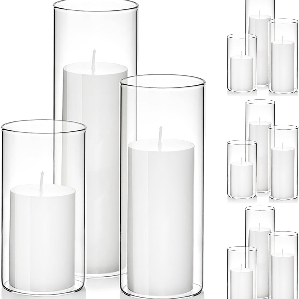 White Pillar Candles with Clear Glass Hurricane Holders Cylinder Candle Vases Set for Wedding Centerpiece Party Table Decor Home Office 23 24 or 48 Pieces