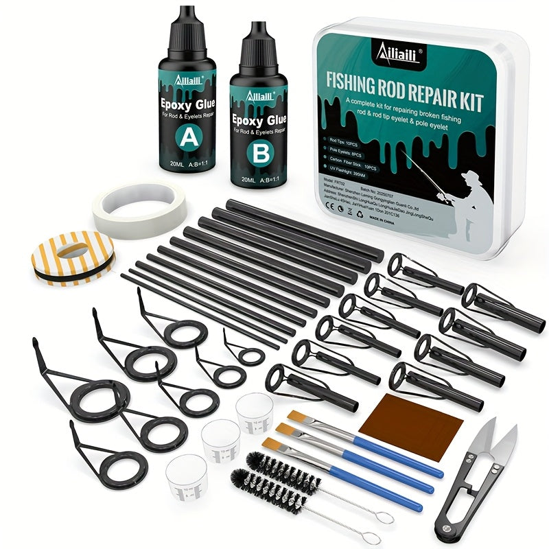 Fishing Rod Repair Kit Complete Set – Tip Top Rings, Rod Guides, AB Epoxy Glue, Winding Thread & Masking Tape, Full Replacement Supplies for Broken Rods