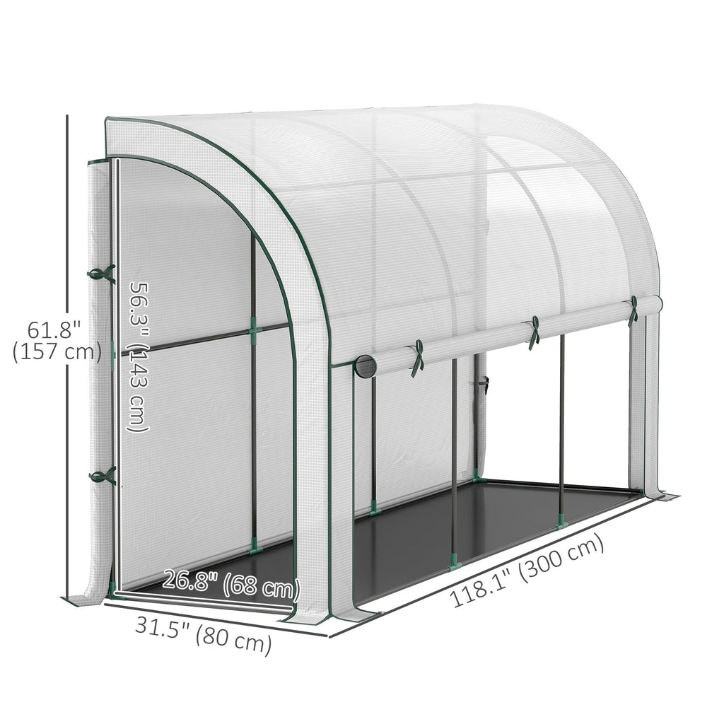 Walk-in Lean-to Wall Greenhouse 10'x3'x5', UV-Resistant PE Cover, Built-In Weed Barrier, 2 Roll-Up Zipper Doors & Window, Wall-Mounted, for Garden Backyard Patio, White