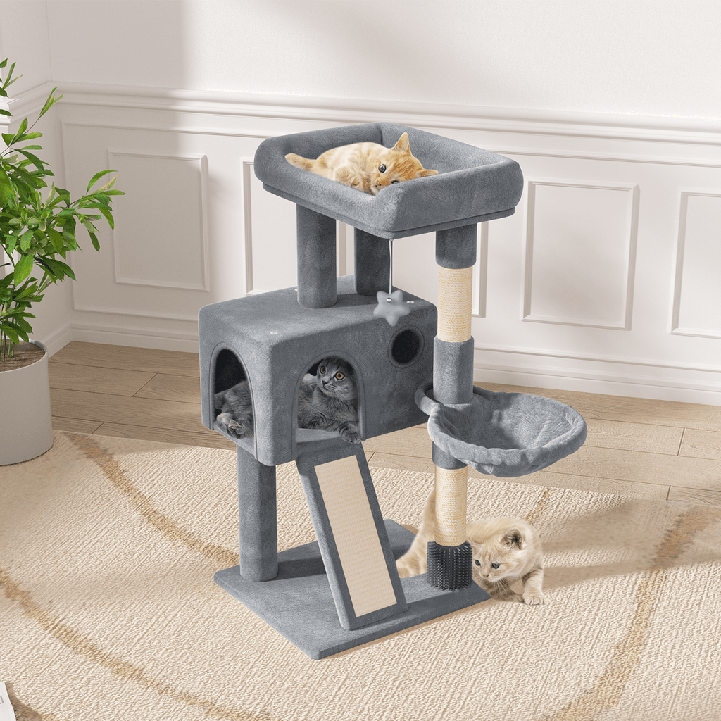 36-Inch Multi-Level Cat Tree Tower with Condo, Hammock, Sisal Scratching Posts, and Hanging Toys - Indoor Cat Climbing Playhouse for Cats and Kittens - Plush Cat Villa, Light Grey/Smoky Grey