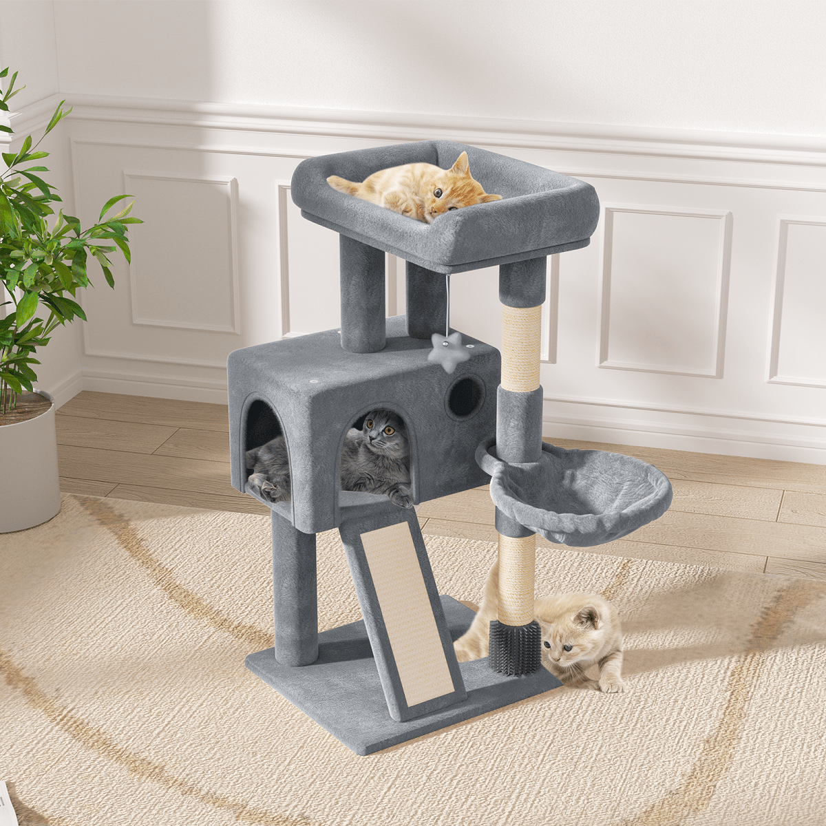 36-Inch Multi-Level Cat Tree Tower with Condo, Hammock, Sisal Scratching Posts, and Hanging Toys - Indoor Cat Climbing Playhouse for Cats and Kittens - Plush Cat Villa, Light Grey/Smoky Grey