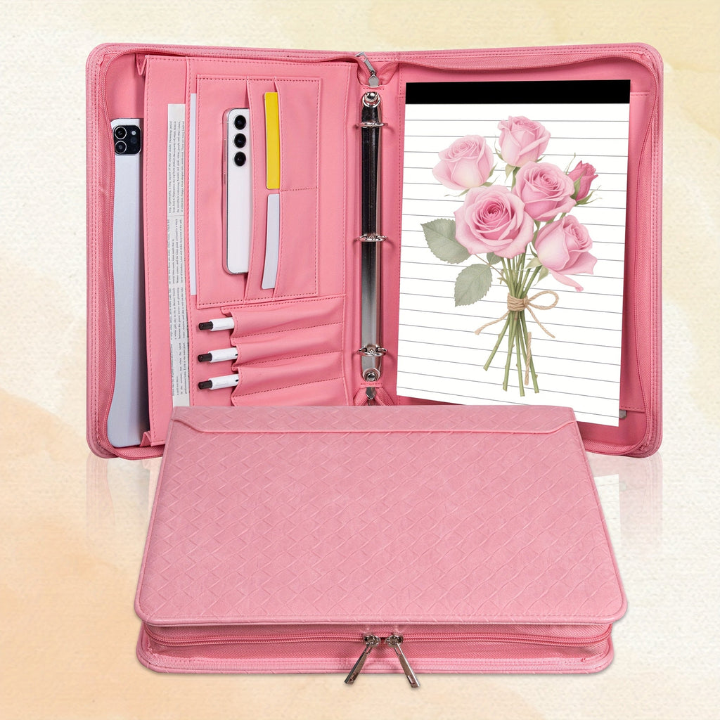 Vegan Leather Portfolio Binder, 3-Ring Zippered A4 Legal Document Organizer with Laptop Pocket for Women and Men