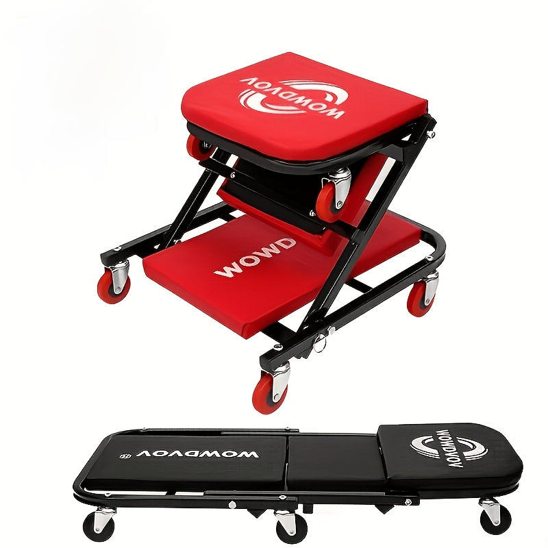 Foldable 2-in-1 Mechanic Creeper & Rolling Seat 300LB | 36-Inch Z-Crawler with 6 Swivel Casters, Adjustable Headrest, Folding Car Repair Creeper for Garage Workshop – Black & Red