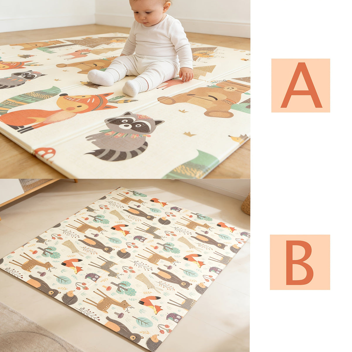 Baby Crawling Mat Foldable, 78x58 Inch Large Padded Play Mat for Babies Early Crawling Stage, Soft Non-Slip Infant Floor Mat for Nursery Living Room, Fox Design
