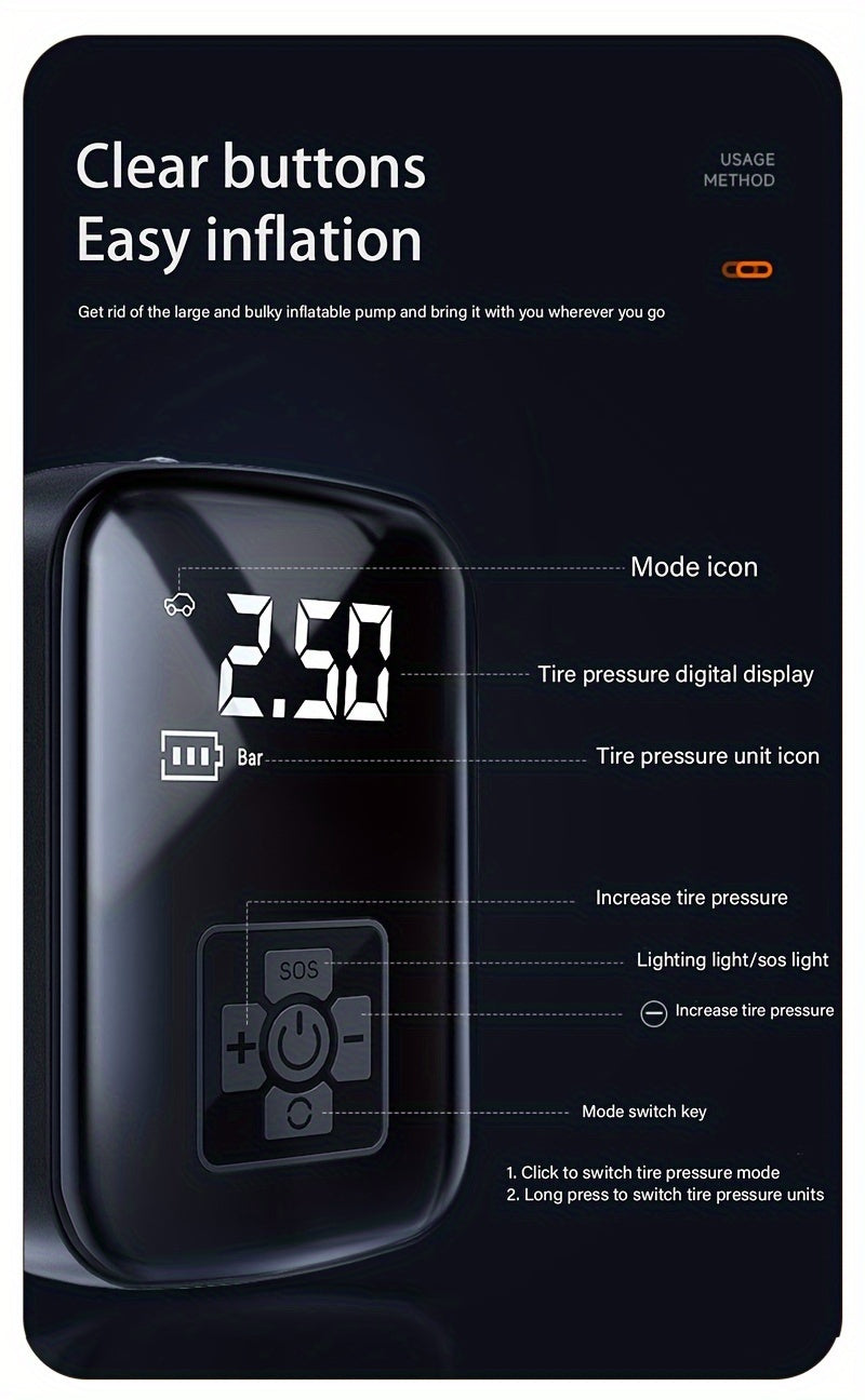 Portable Tire Inflator, 100W Cordless Air Pump, 4000mAh Battery, 30-Second Inflation, 5 Modes, Digital PSI Display, Type-C Charging, LED Light, Multi-Nozzle for Car, Motorcycle, Bicycle, Ball
