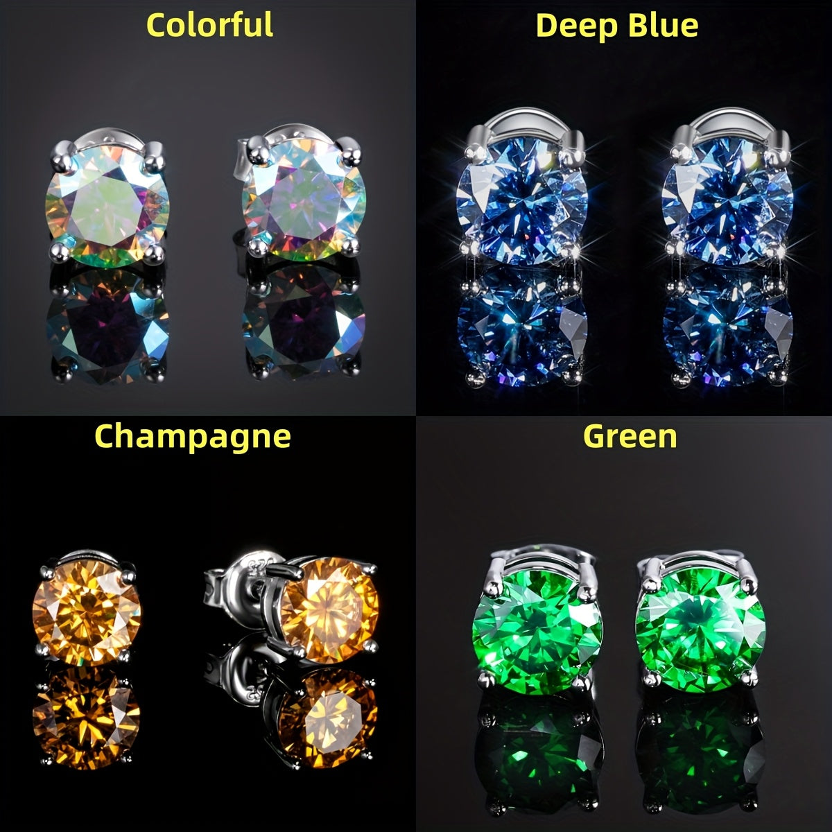 4 Pairs VVS1 Moissanite Stud Earrings Set in S925 Sterling Silver – Round Cut Colorful Studs in Champagne, Olive, Red, Pink, Green & Blue for Men & Women, Party & Daily Wear
