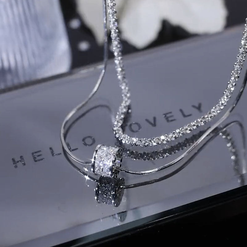 S925 Sterling Silver Double Layer Clavicle Chain Necklace for Women, Elegant Cubic Zirconia Sweater Chain, Minimalist Fashion Jewelry for Daily Wear and Gifts, All Seasons