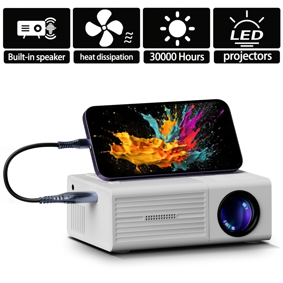 Portable Projector, 1080P Supported, 1280x720 Native Resolution, with Remote Control, USB Compatible with Smartphones, Tablets, Laptops, TV Sticks, Big Screen Home Theater