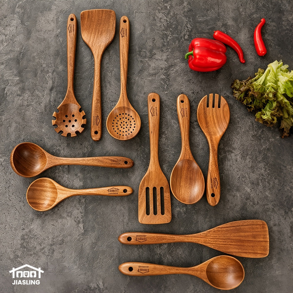 10-Piece Natural Teak Wooden Kitchen Utensils Set - Cooking Spoons, Spatulas & Turner, Non-Stick Safe, Heat Resistant, Eco-Friendly Wood Cookware Tools for Home Kitchen