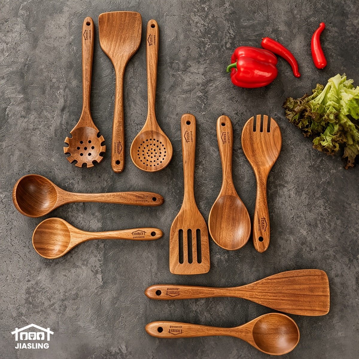 10-Piece Natural Teak Wooden Kitchen Utensils Set - Cooking Spoons, Spatulas & Turner, Non-Stick Safe, Heat Resistant, Eco-Friendly Wood Cookware Tools for Home Kitchen