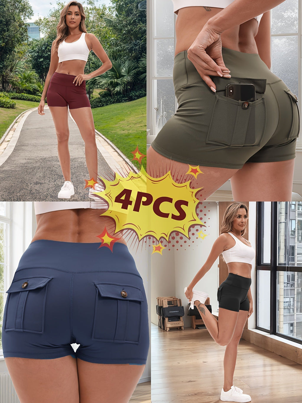 4-Piece Women's High-Stretch Yoga Shorts Set – Hip-Lifting Quick-Dry Fitness Shorts with Elastic Waist & 2 Pockets, Solid Color Athletic Shorts for Gym, Running, and Pilates, S-XXL