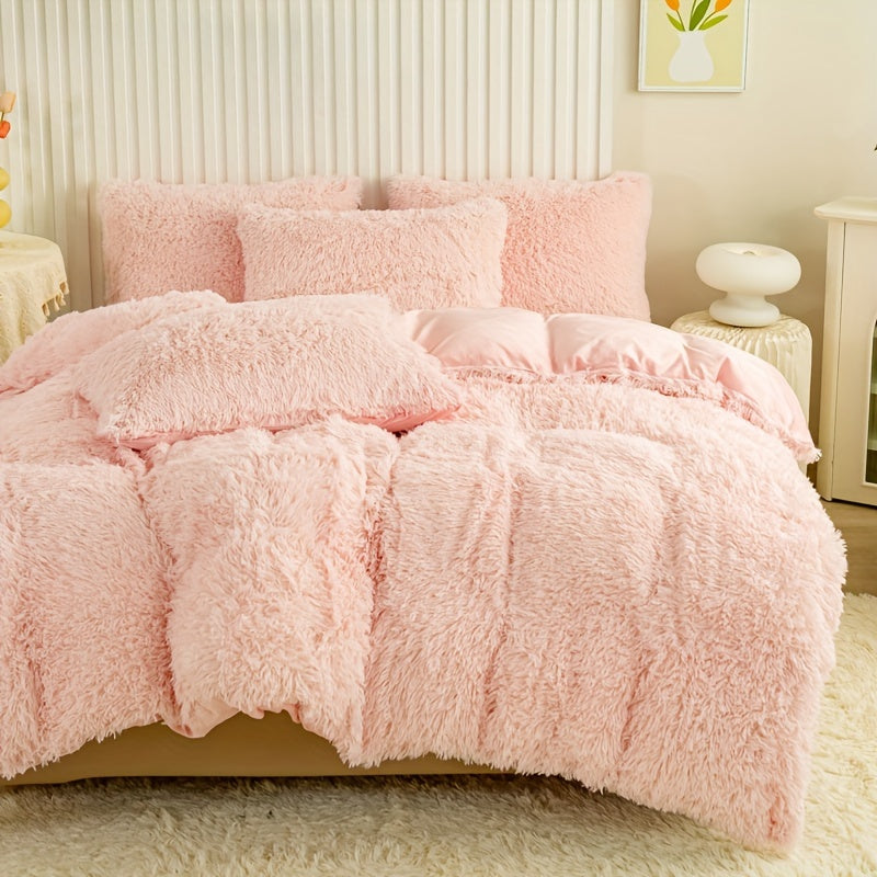 Plush Duvet Cover Set 3 Piece, Long Hair Knitted Polyester, Solid Color Fuzzy Comforter Cover with Zipper Closure, All-Season Soft Cozy Bedding Set for Bedroom, Multiple Colors Available