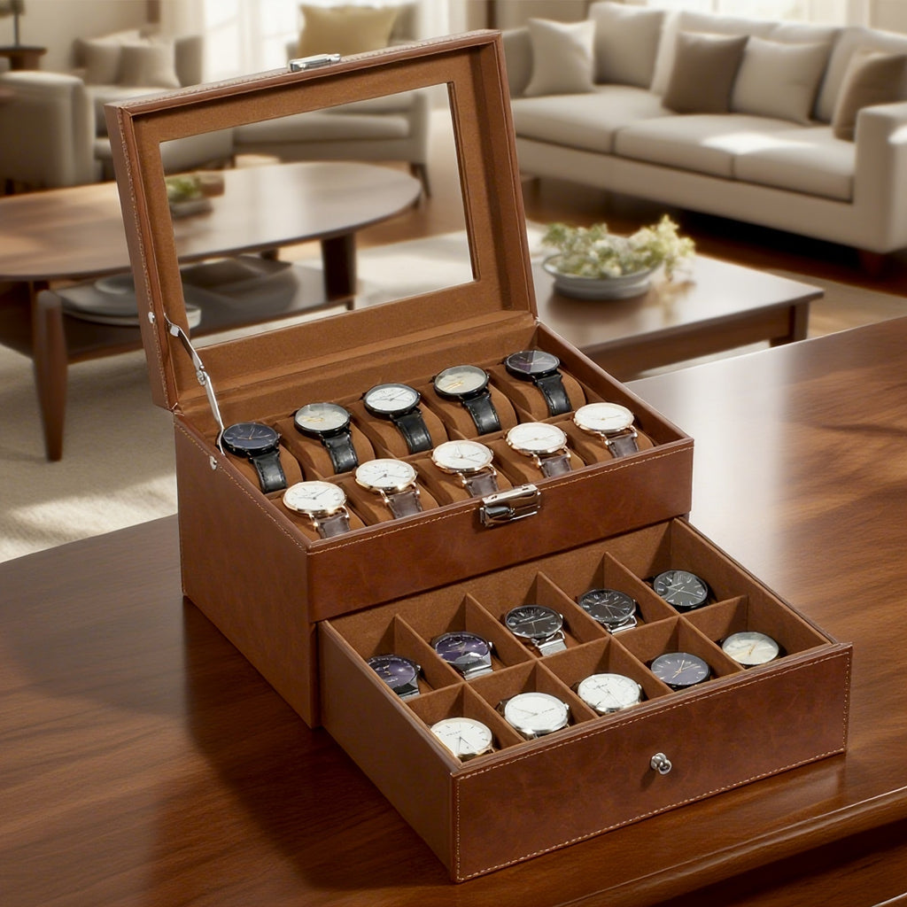 20-Slot Double-Layer Watch Box Organizer with Solid Glass Cover and Velvet Pillow Lining, Watch Display Case for Collection and Storage, Gift for Men and Women Watch Collectors, in Brown, Black, and Gray