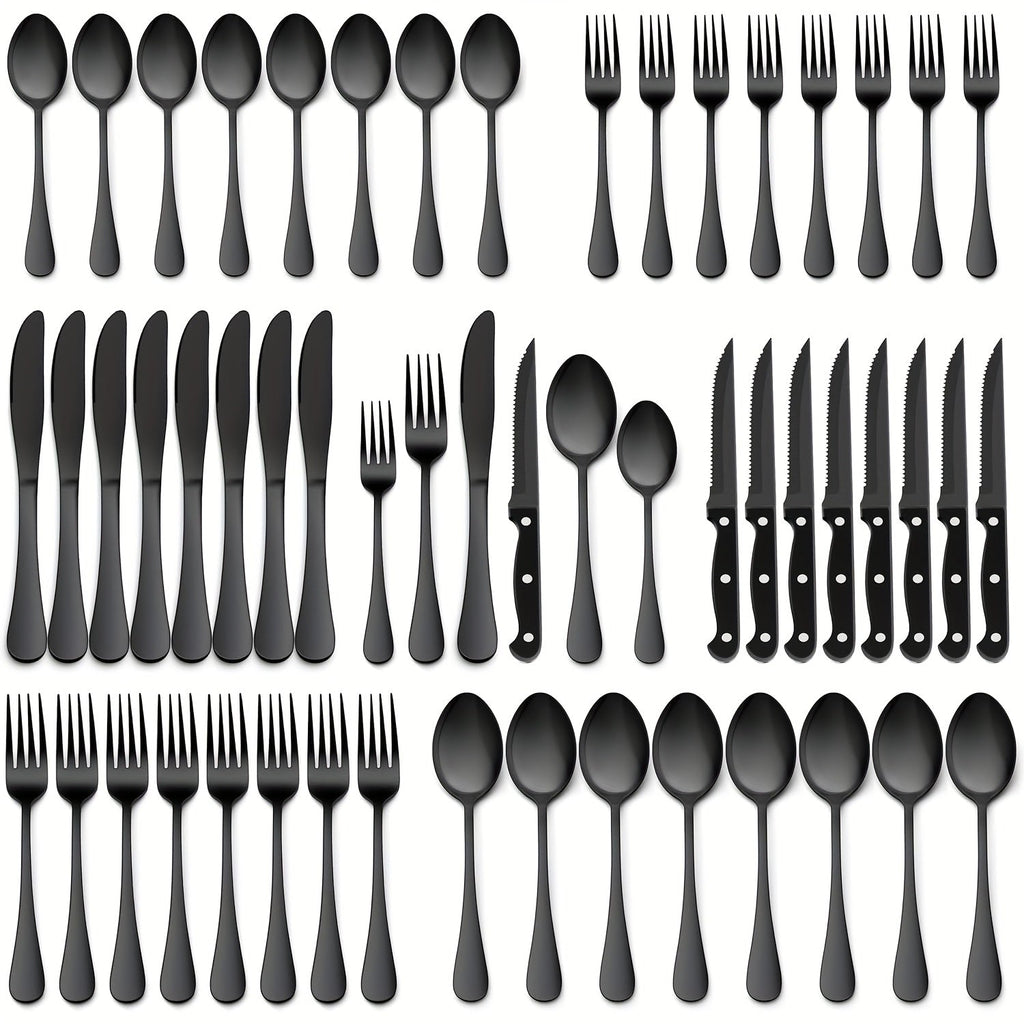 48-Piece Silverware Set with Steak Knives, Service for 8 – 304 Stainless Steel Flatware Cutlery Set, Mirror Finish, Dishwasher Safe Spoons, Forks, and Knives, Silver/Black