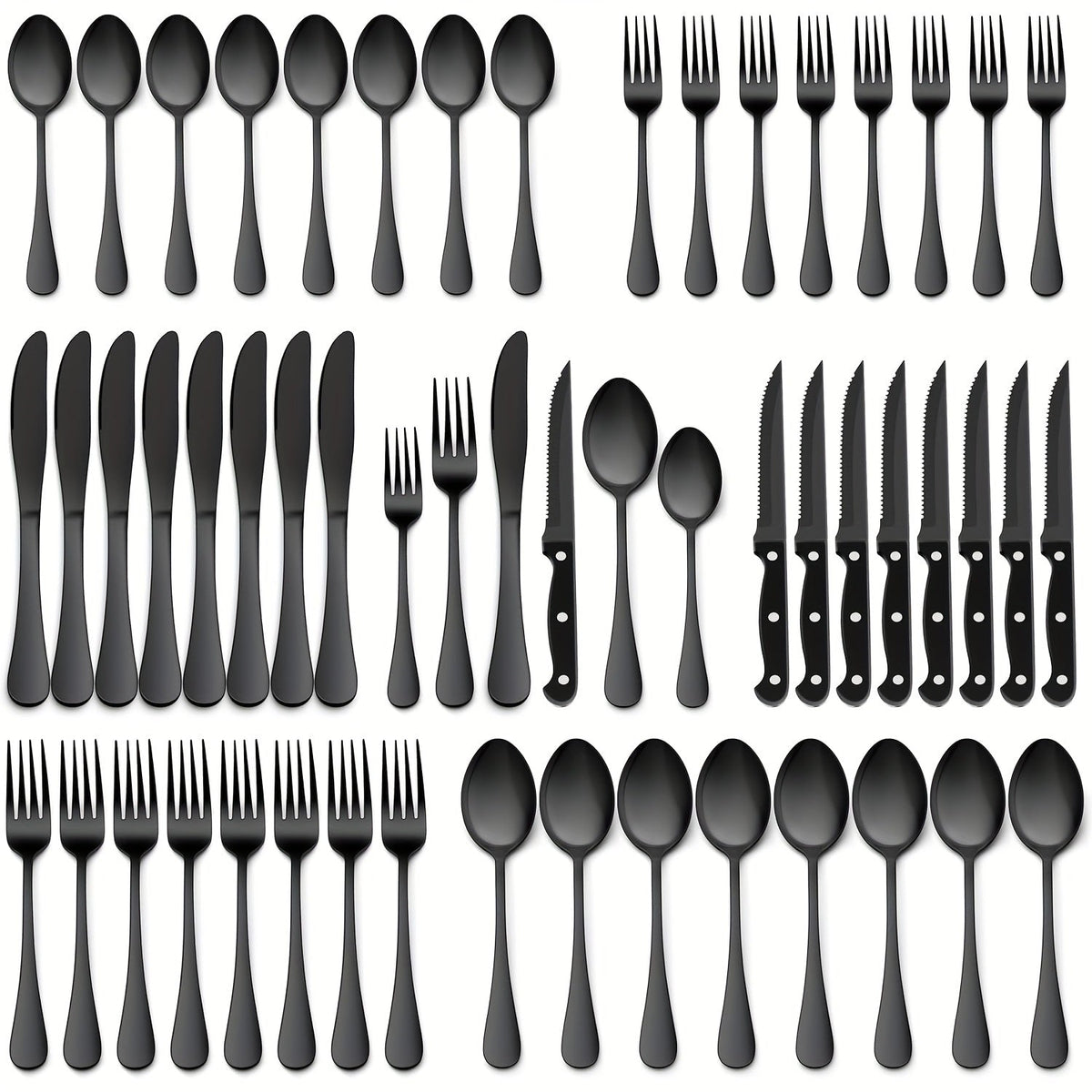 48-Piece Silverware Set with Steak Knives, Service for 8 – 304 Stainless Steel Flatware Cutlery Set, Mirror Finish, Dishwasher Safe Spoons, Forks, and Knives, Silver/Black