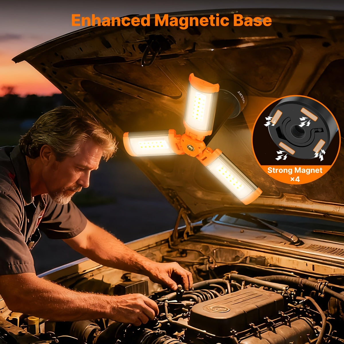 Rechargeable 10000mAh LED Work Light & Camping Light with Stand 6FT Tripod 3 Adjustable Heads 2200 Lumens 5 Color Modes Power Bank Emergency Flashlight – Orange Black