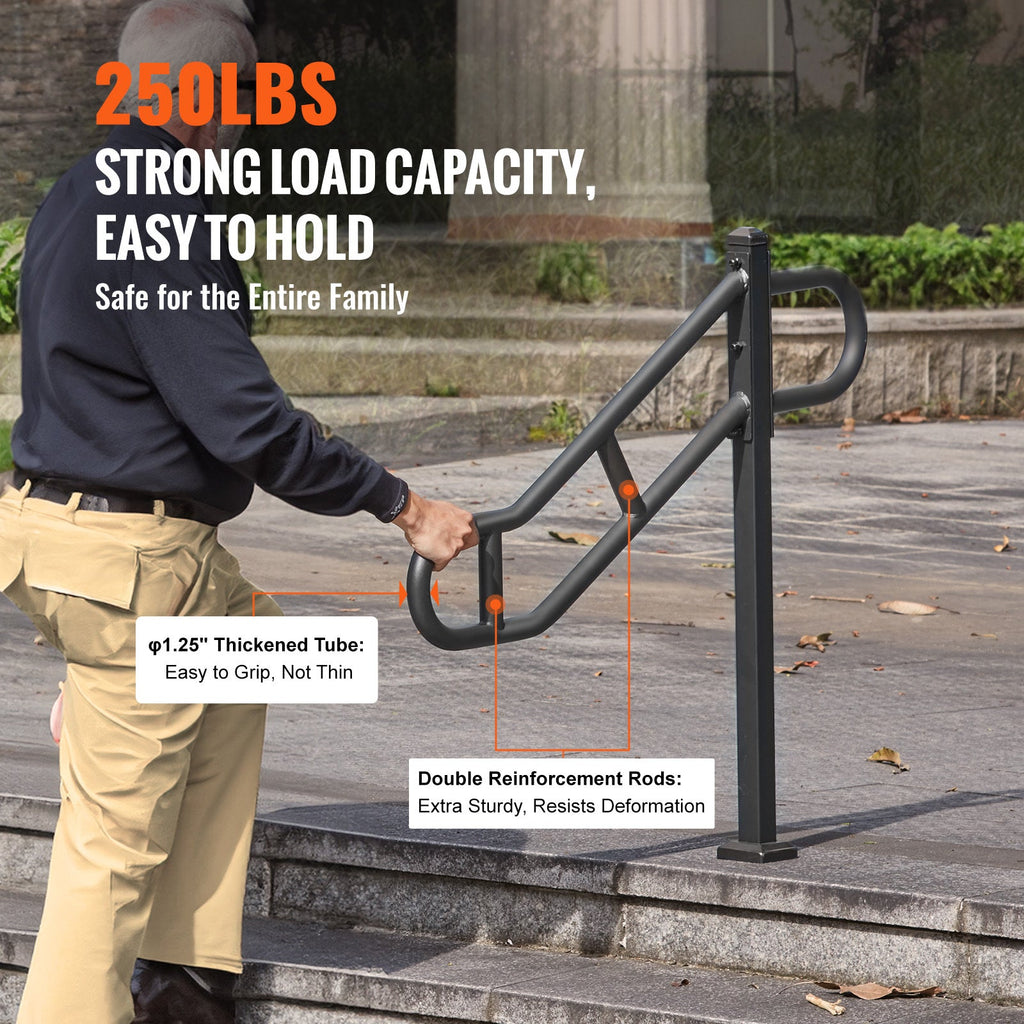 Outdoor Stair Handrail 40.5", 1-3 Steps, Carbon Steel, 250 lbs Load, Sandblasted Anti-Slip Grip, Metal Expansion Tube Wall Mount, Rust-Resistant, for Stairs Garage Garden Hallway
