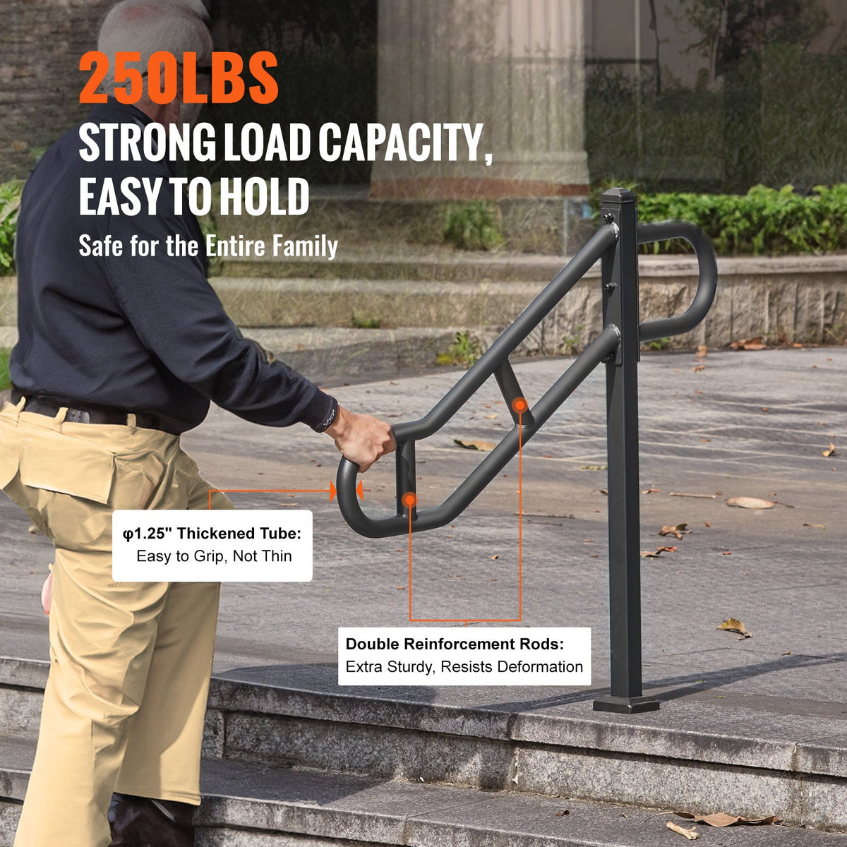 Outdoor Stair Handrail 40.5", 1-3 Steps, Carbon Steel, 250 lbs Load, Sandblasted Anti-Slip Grip, Metal Expansion Tube Wall Mount, Rust-Resistant, for Stairs Garage Garden Hallway