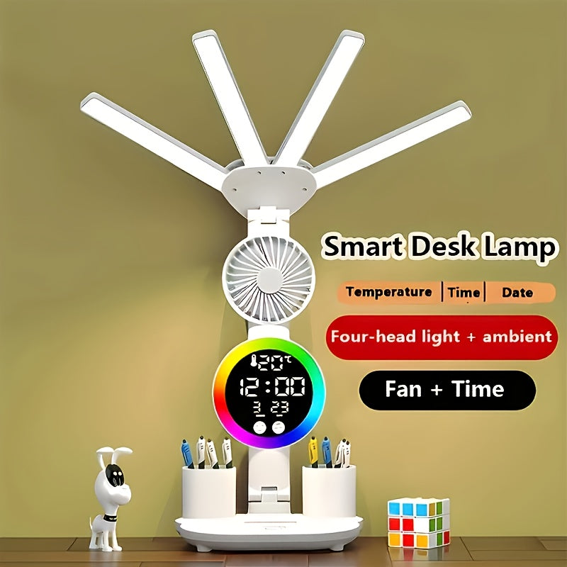 Smart Touch LED Desk Lamp with USB Port, Dual-Head Dimmable Color-Changing Reading Light with Built-In Fan and Night Light, Eye-Friendly for Home, Office, Dorm, and Study, No Battery Required