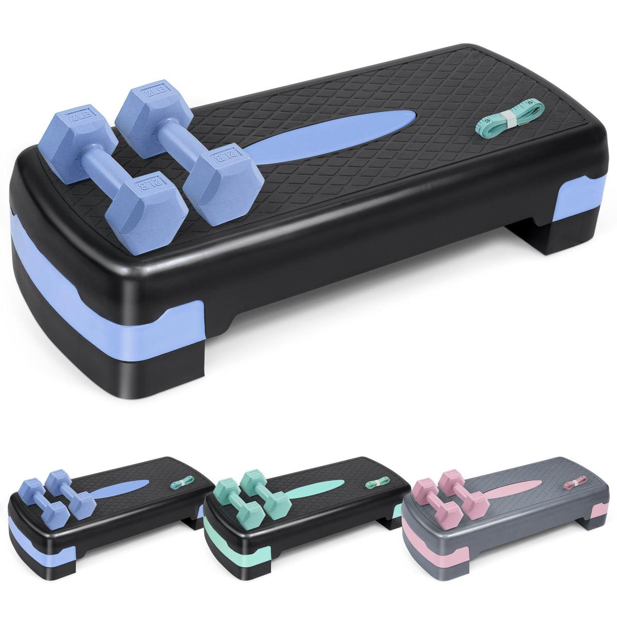 Aerobic Step Platform Set with 2lb Dumbbells & Measuring Tape – Adjustable Height Non-Slip Exercise Stepper, 550lb Capacity for Home Gym Cardio Workout, Pink Green Blue