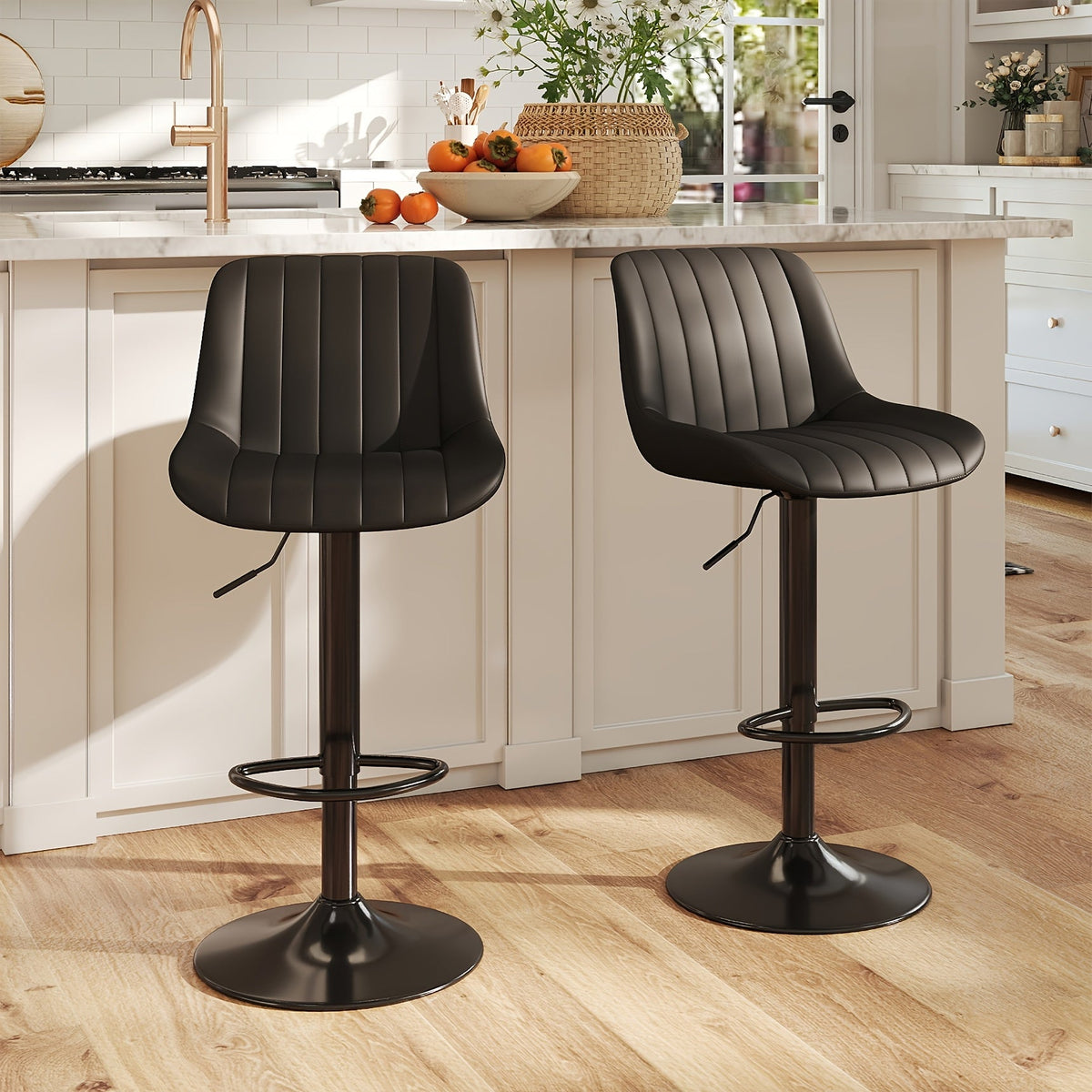 Bar Stools Set of 2/3/4, Adjustable Height Swivel Bar Chairs with Backrest & Footrest, PU Leather Ergonomic Kitchen Island Stools, Non-Slip Base, Easy Assembly, Modern Armless Counter Stools