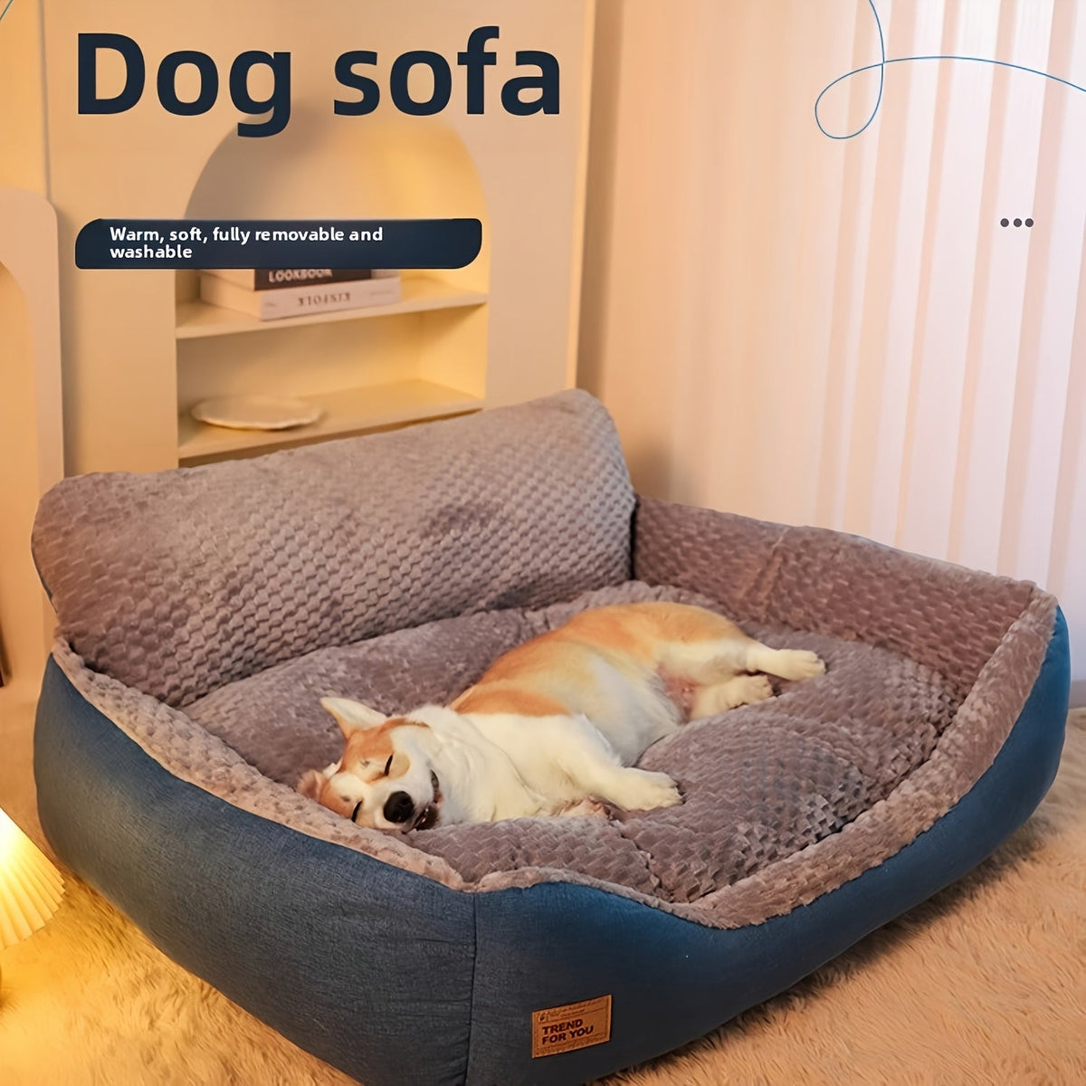Luxury Plush Pet Sofa Bed with High Backrest – Thick Warm Washable Dog Bed for Large, Medium, and Small Dogs & Cats, All-Season Comfort, Easy-Clean Cover, Sizes S, L, XL, Grey Blue