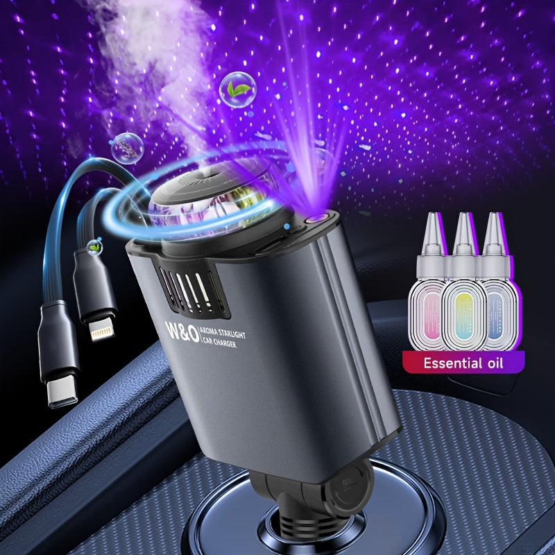 3-in-1 Car Charger, Air Freshener & Starry Sky Projector – Dual 80cm Retractable Type-C & Lightning Cables, Aromatherapy Diffuser for iPhone 16/15 and Samsung S25/S24, Premium Car Interior Upgrade Gift