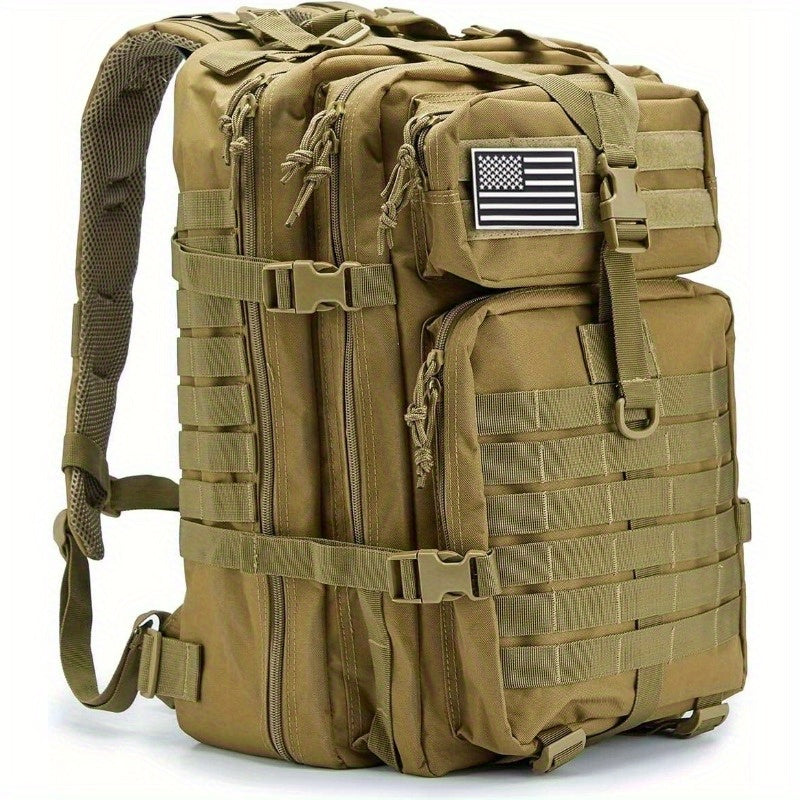 Men's Large Tactical Backpack – 45L MOLLE System 3-Day Rucksack for Hiking Fishing Hunting Travel & Mountaineering in Khaki Red & Black (Flag Badge Included)