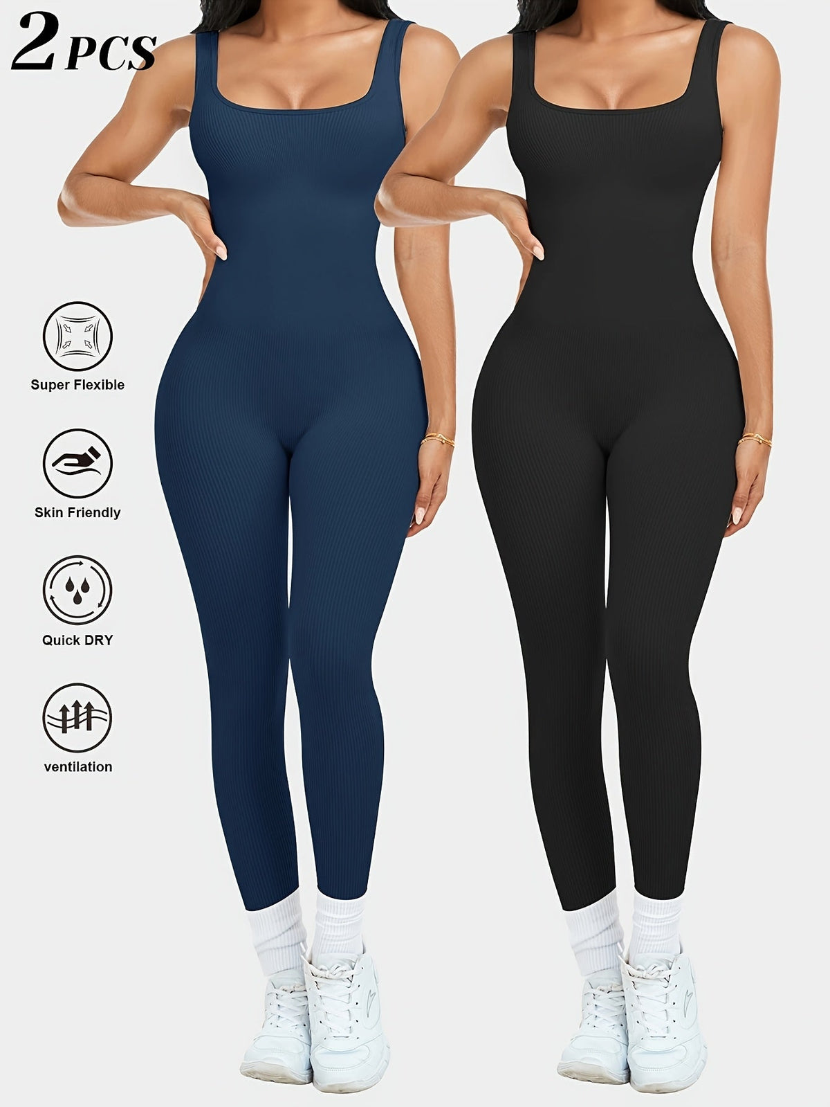2-Pack Women's Sleeveless Square Neck Long Jumpsuit - 90% Nylon Thick Stretchy Opaque Activewear Bodysuit for Yoga, Pilates, Running, and Fitness, Washable One-Piece Workout Suit, Sizes S-XL