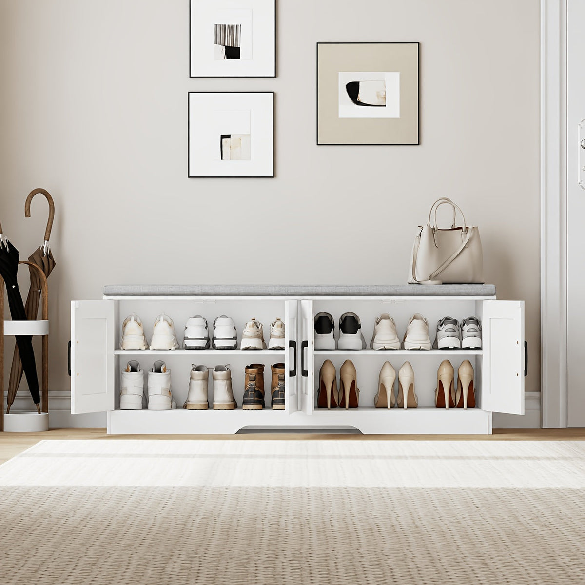 Entryway Storage Bench with Hidden Shoe Storage & Padded Seat, Removable Shelves for Boots Heels Sneakers, Shoe Cabinet Bench for Mudroom Hallway Bedroom Apartment, Family Organizer Furniture