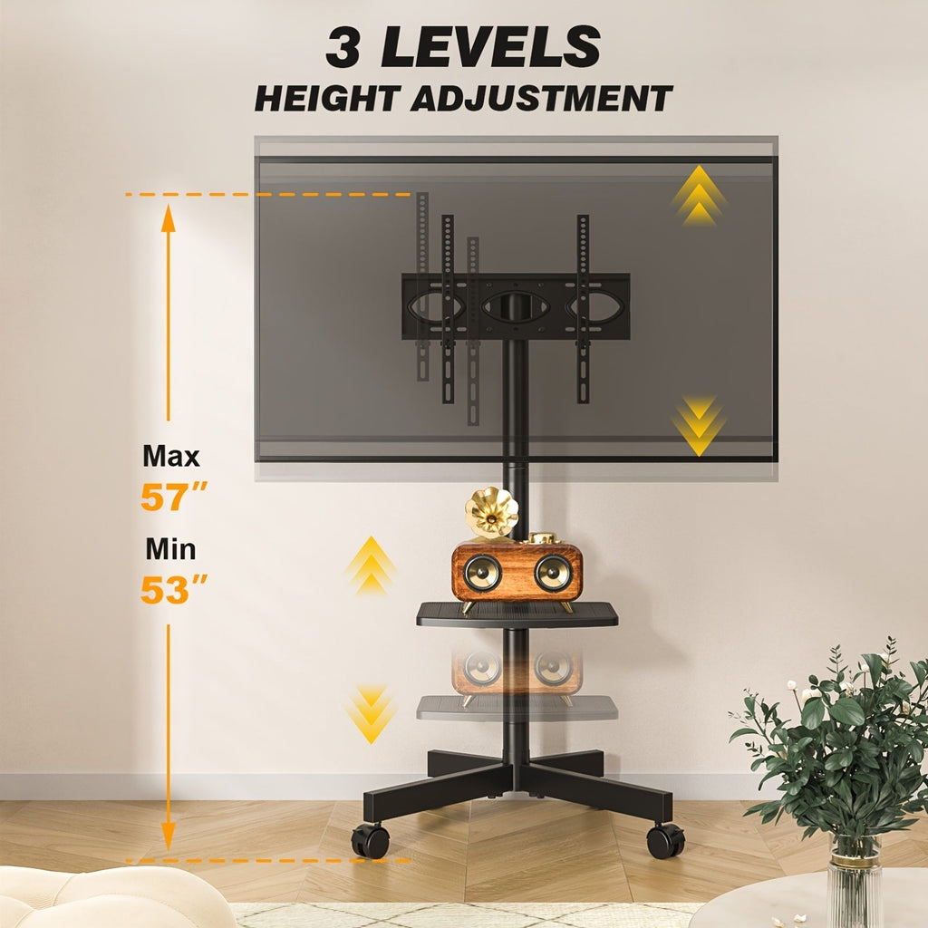 Rolling TV Stand with Wheels Height Adjustable 88 Lbs 23–60 In VESA 400x400 3-Level Height Tilt Swivel Lockable Casters Cable Management for Living Room – White