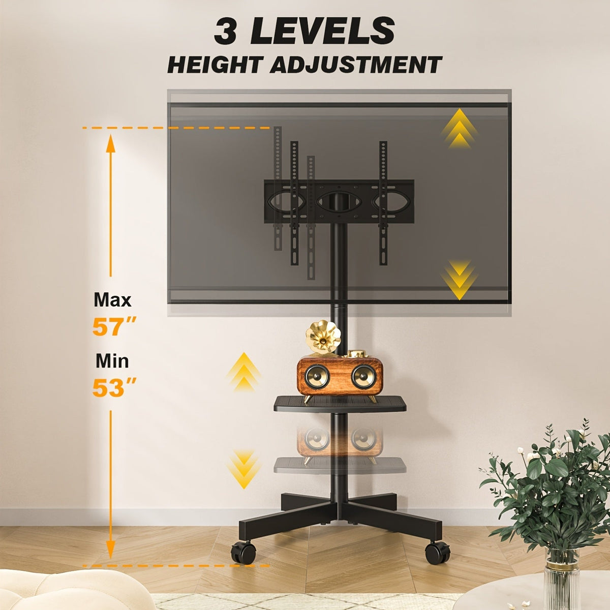 Rolling TV Stand with Wheels Height Adjustable 88 Lbs 23–60 In VESA 400x400 3-Level Height Tilt Swivel Lockable Casters Cable Management for Living Room – White