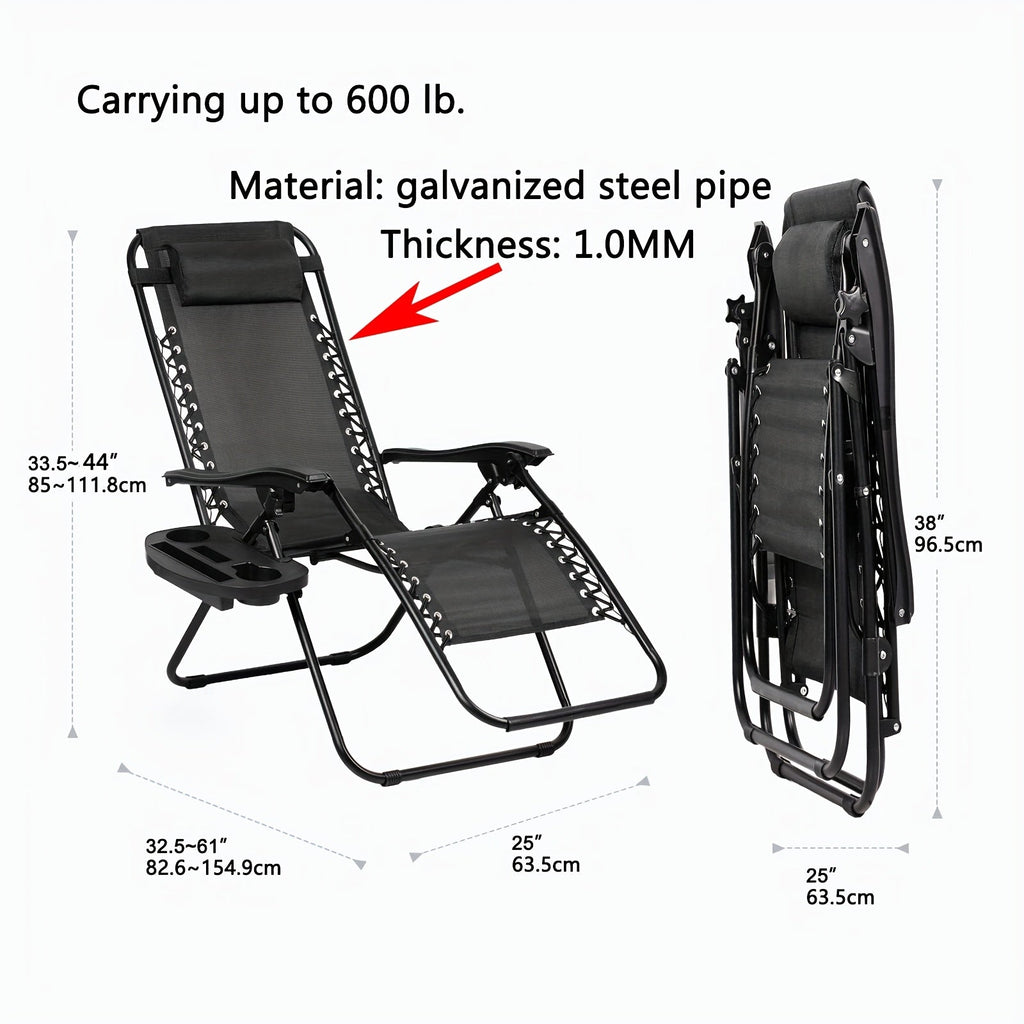 Pair of Zero Gravity Recliner Lounge Chairs – 500 LB Capacity Lockable Reclining Detachable Cup Holder Tray Lightweight Foldable for Camping Beach Patio & Garden in 15 Styles