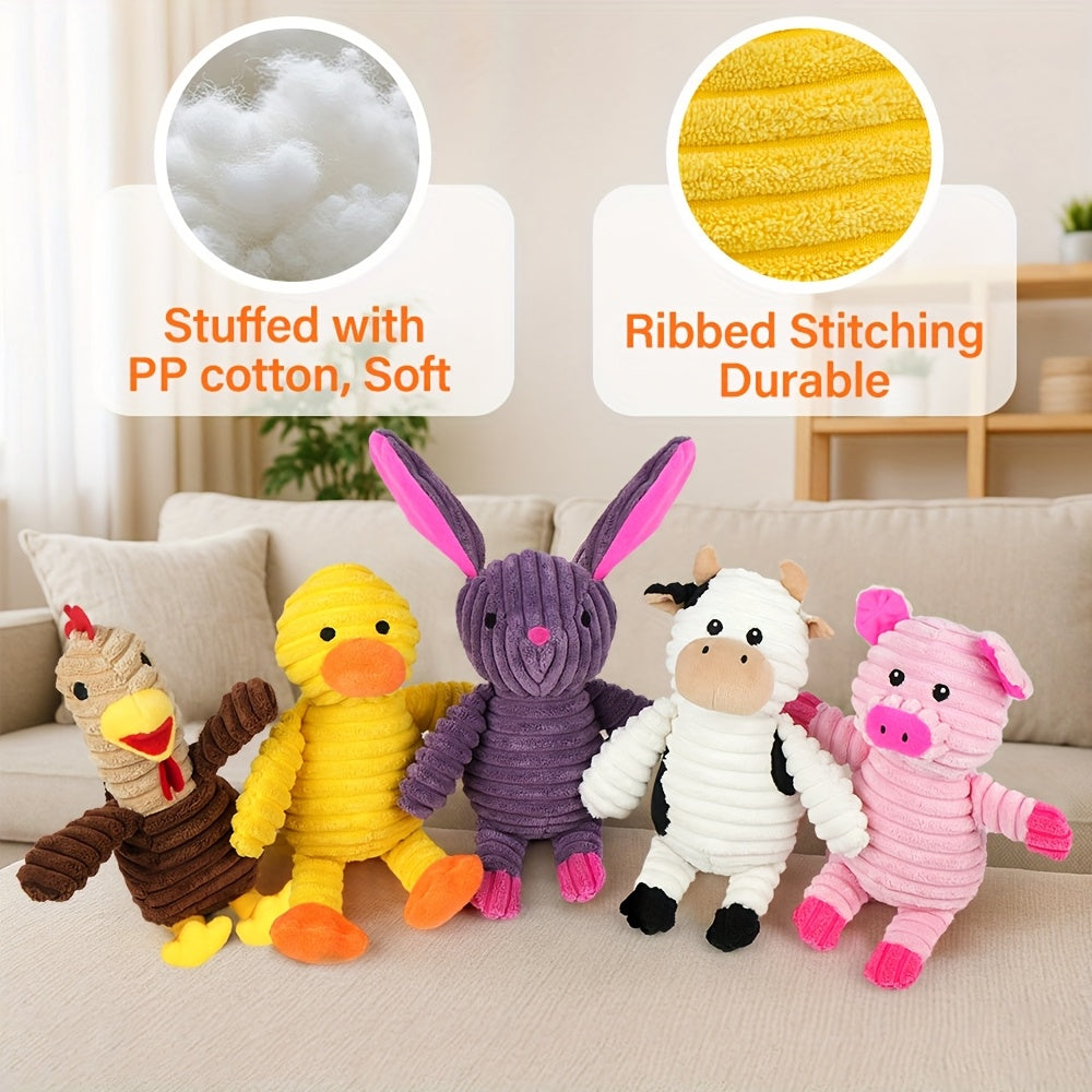 Plush Dog Squeaky Toys 5-Pack Bundle – Washable Stuffed Animal Chew Toys for Small, Medium, and Large Dogs, Embroidered Safety Eyes, Animal Designs (Pig, Frog, Elephant, Chicken, Fox)