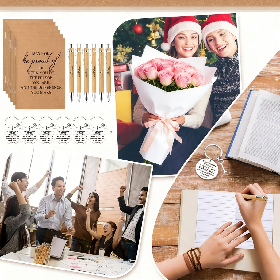 24-Piece Inspirational Gift Set: Bamboo Retractable Pen, Keychain, Gratitude Notebook, and Gift Bag – Bulk Appreciation Gifts for Employees, Teachers, Thanksgiving, and Christmas
