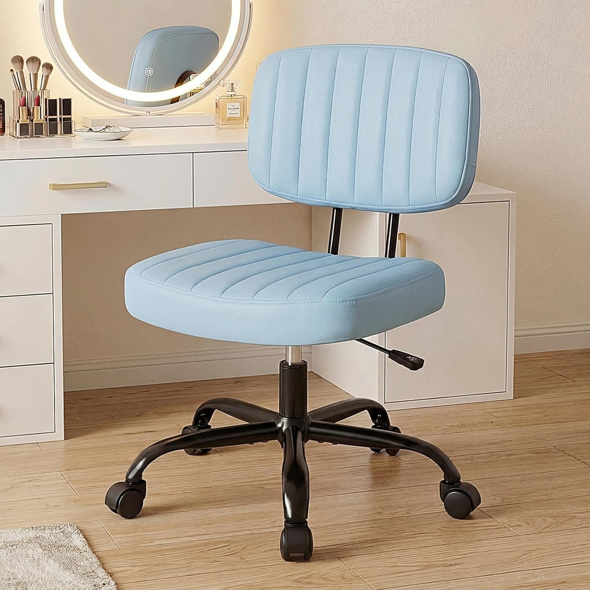 Armless Desk Chair PU Leather with Lumbar Support – Height Adjustable Rolling Swivel Task Chair for Home Office Bedroom Vanity Students Adults
